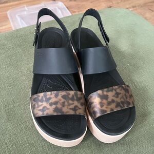 CROCS Black and Brown Leopard Sandals